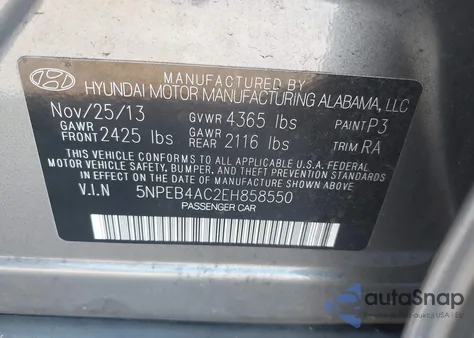 2014 Hyundai Sonata Gls z USA, uszkodzony, nr VIN 5NPEB4AC2EH858550